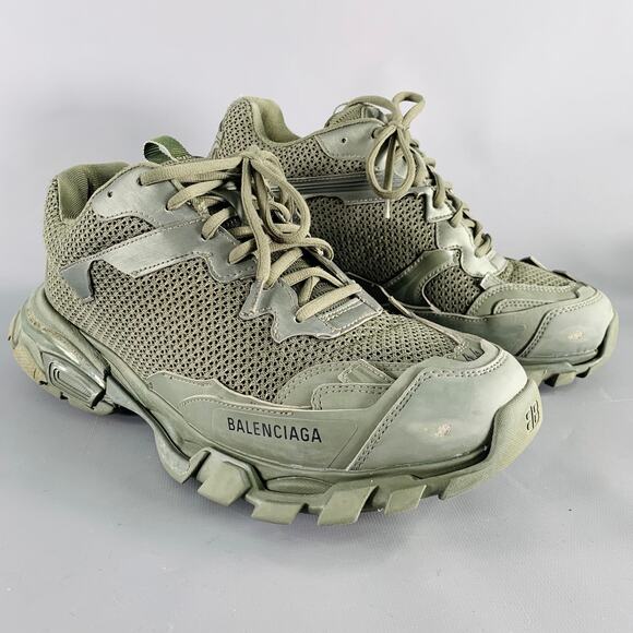BALENCIAGA Size 11 Track 3 Green Olive Leather Nylon Lace-Up Sneakers - Picture 1 of 10